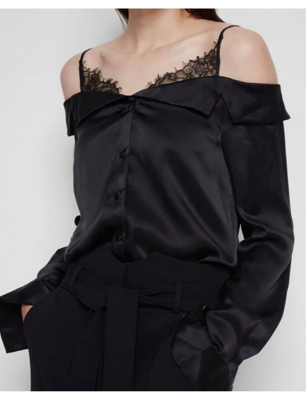 JONATHAN SIMKHAI Caylee Silk Lace off the shoulder button down top Size XS NWT